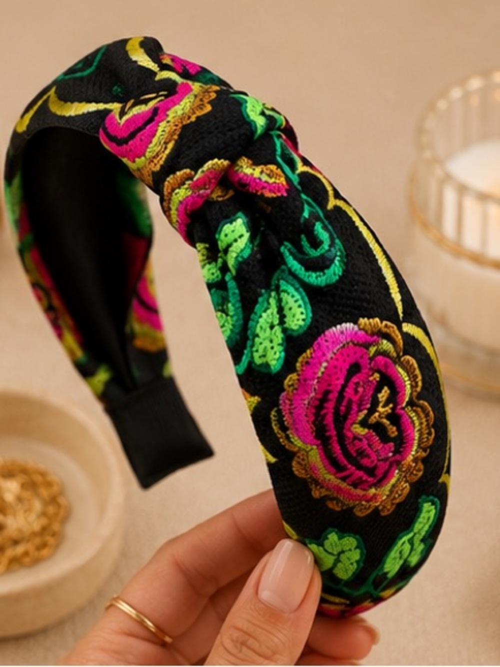 Knot Headband with Neon Floral Embroidery - Black